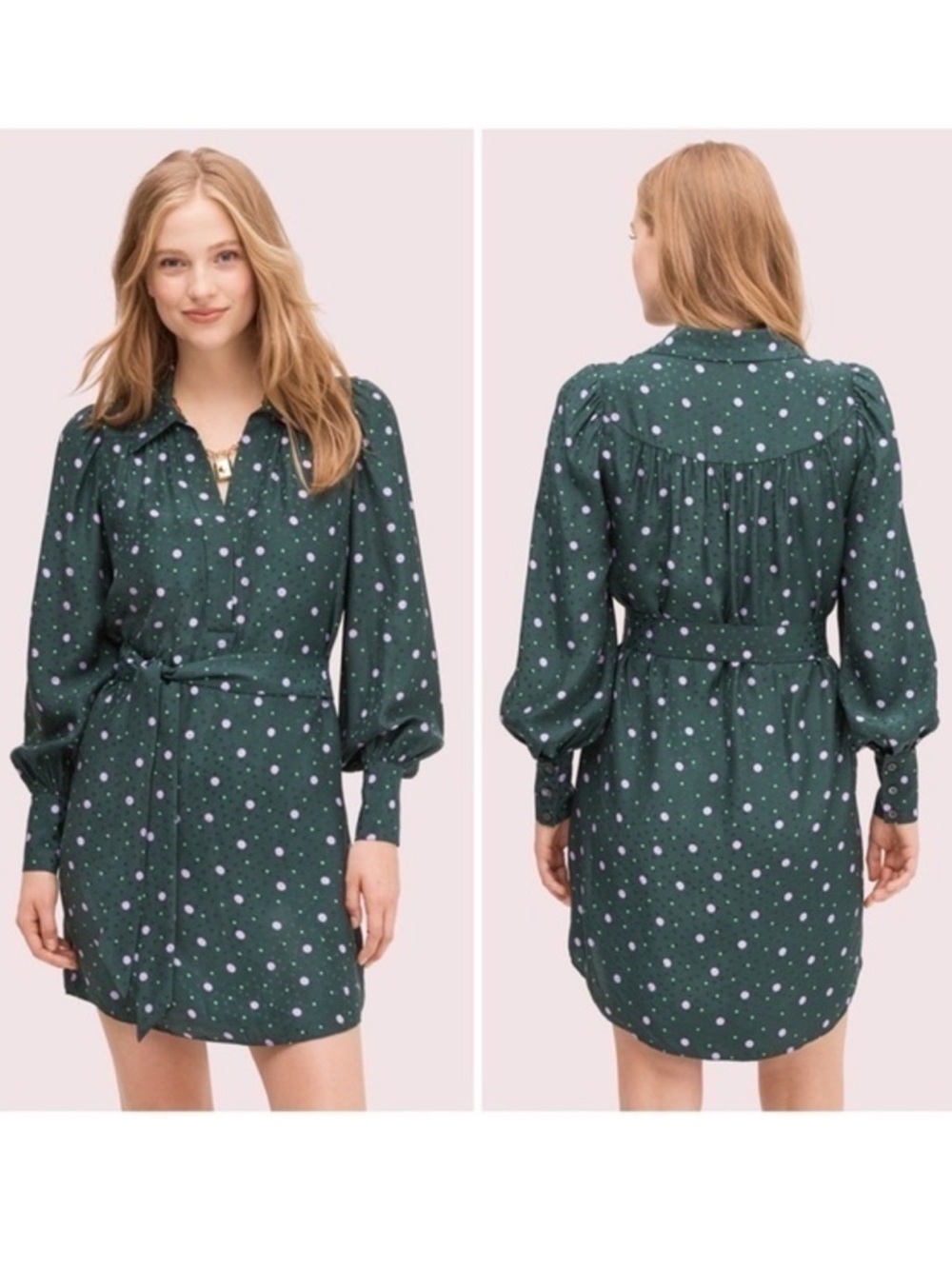 Kate Spade Pop Dots pine forest silk shirt dress